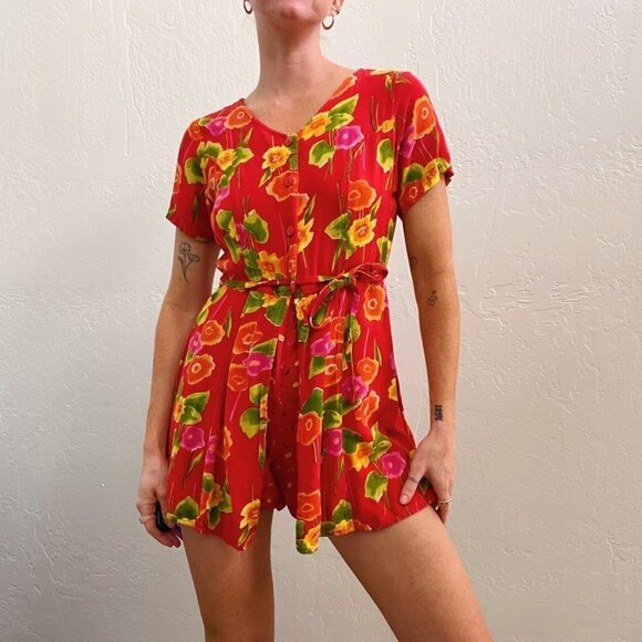 Vintage 1980/90's Red Floral Printed Button Up Playsuit Romper Dress - Picture 4 of 9